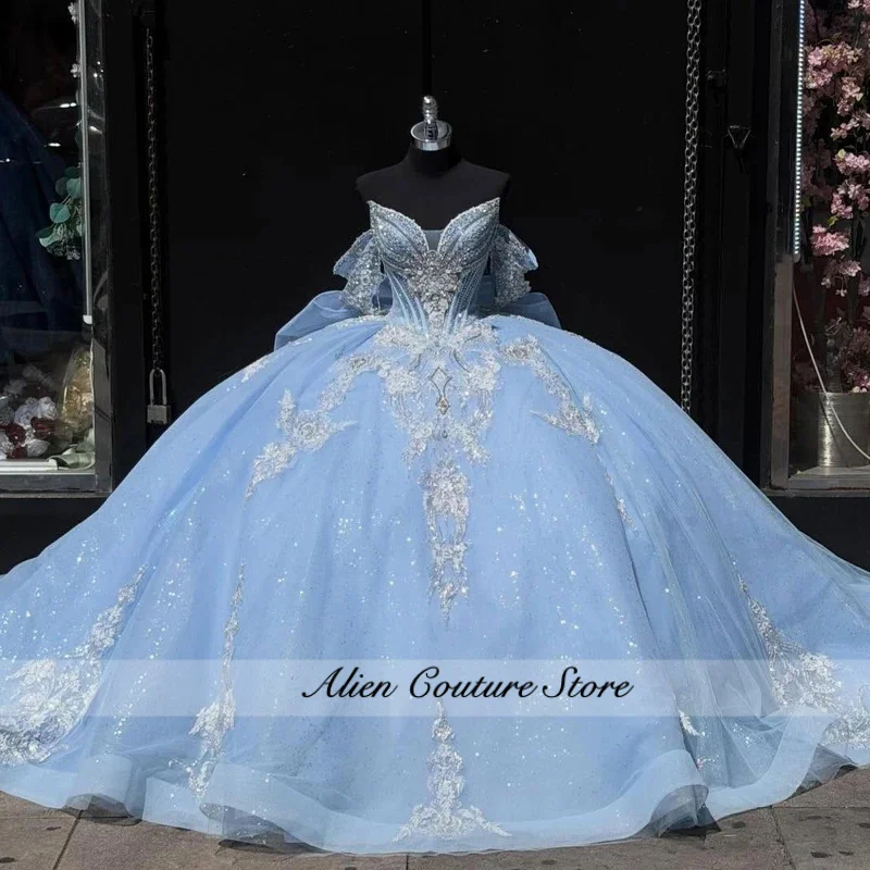Customized Princess Sky Blue Qinceanera Dress Ball Gown Silver Lace Applique Beading Sweet 16 Vestidos 15 Anos Mexican