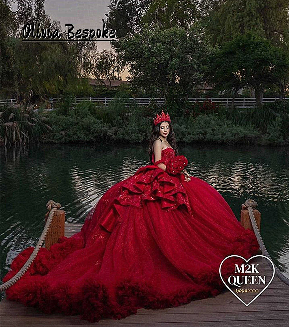 Appealing Red Bow Ruffles Quinceanera Dresses Beads Applique Tulle Ruched Train Ball Gown Mexican Wedding Party Dress Customized