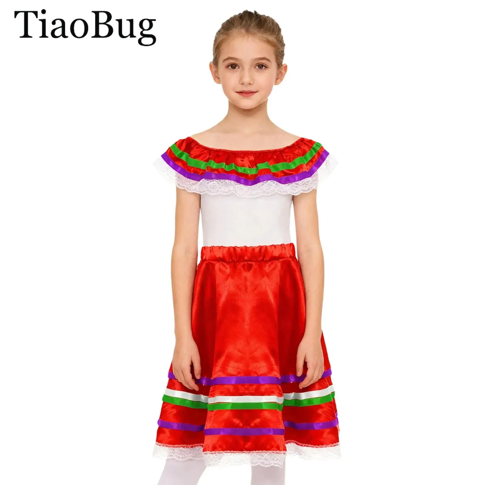 Girls Mexican Flamenco Dance Dress Outfit Off Shoulder Ruffled Top with Skirt for Mexican Carnival Parties Performance Outfits