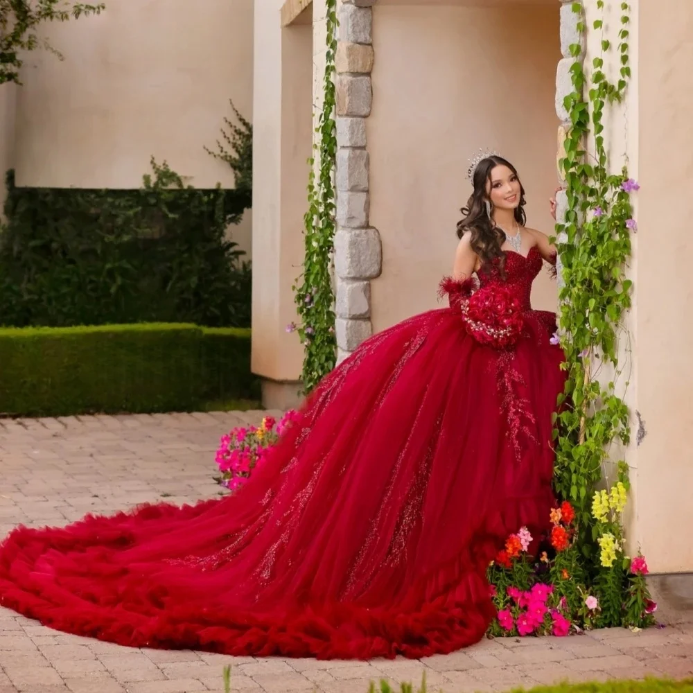 Red Charro Quinceanera Dresses Ball Gown Sweetheart Appliques Ruffles Mexican Sweet 16 Dresses 15 Anos Customized