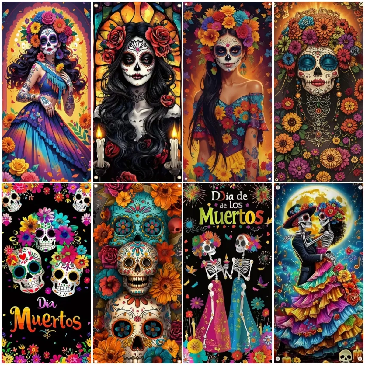 Mexican Day of the Dead Backdrop Door Cover Skull Rose Altar Mexican Fiesta Party Decoration Banner  Photo Booth Background Prop