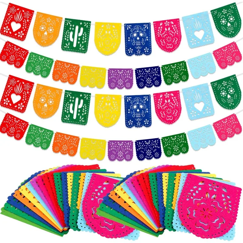 Mexican Party Papel Picado Banners Felt Day of the Dead Colorful Banner Fiesta Birthday Party  Cinco de Mayo Flags Decorations