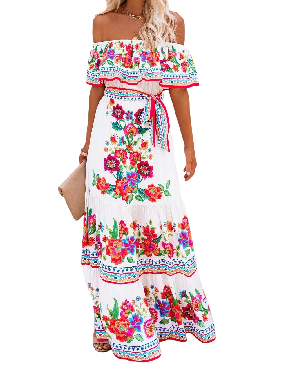 Women Mexican Dress off Shoulder Floral Print Maxi Dress Summer Sleeveless Dresses for Halloween Party Beach Vacation