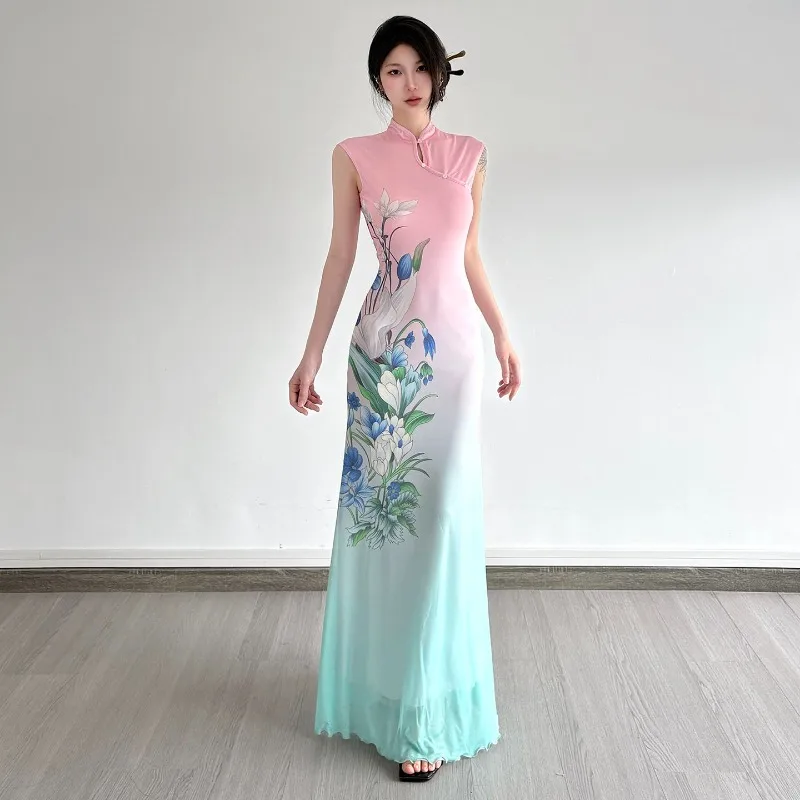 New Chinese-style Cool Refreshing Plant Print Pollen Green Elegant Cheongsam Dress Retro Fitted Mesh Sleeveless Long Dress Women