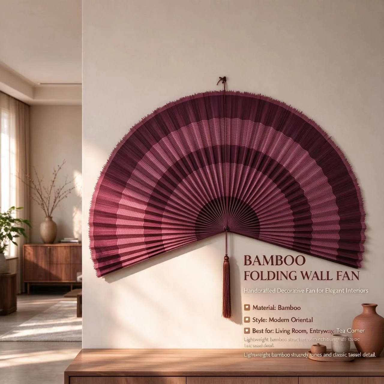 Handmade Bamboo Hanging Fan with Tassels, Wall Fan Decor, Suitable for Decorating Walls in Living Rooms, Bedrooms, or Tea Houses