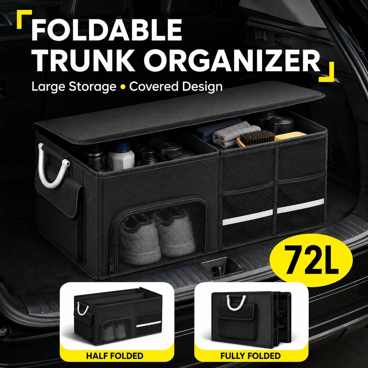 Portable Car Trunk Organizer 92L Foldable Waterproof Oxford Cloth Storage Box for Camping and Fishing