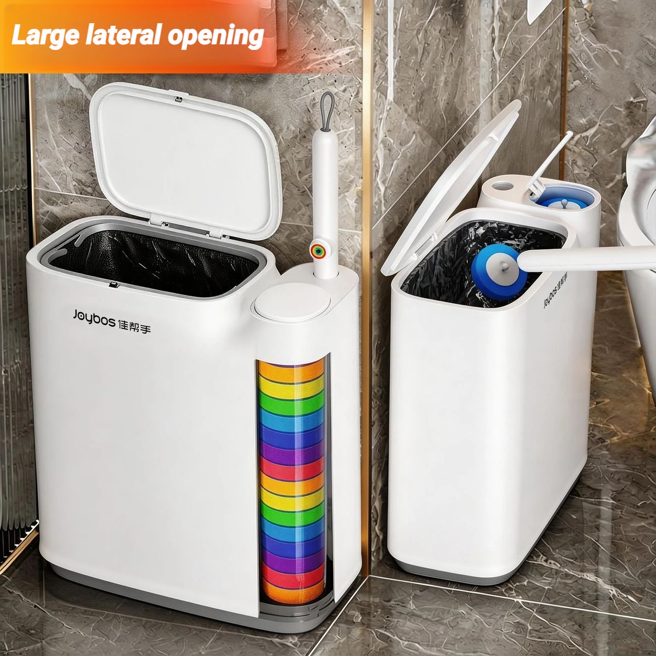 4-in-1 Toilet Brush Narrow Trash Can Set Push-button Lid With Brush Holder Disposable Sponge Heads Bathroom Bin Slim Dustbin