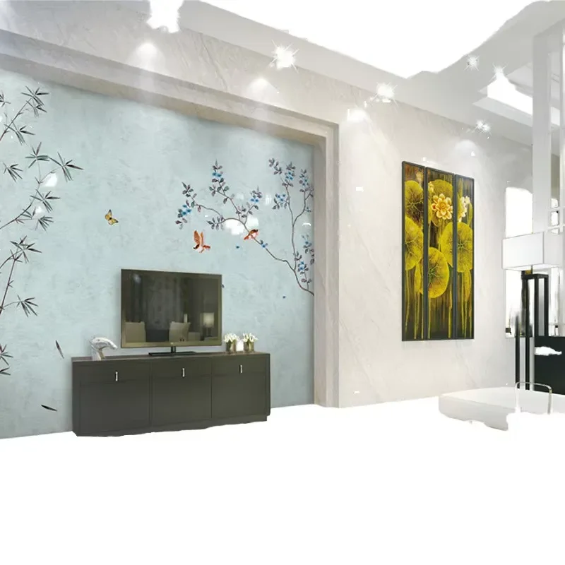 Custom Embroidered Seamless Wall Cloth Waterproof Flower Bird Background Fabric Green Wallpaper for Living Room Porch TV Wall