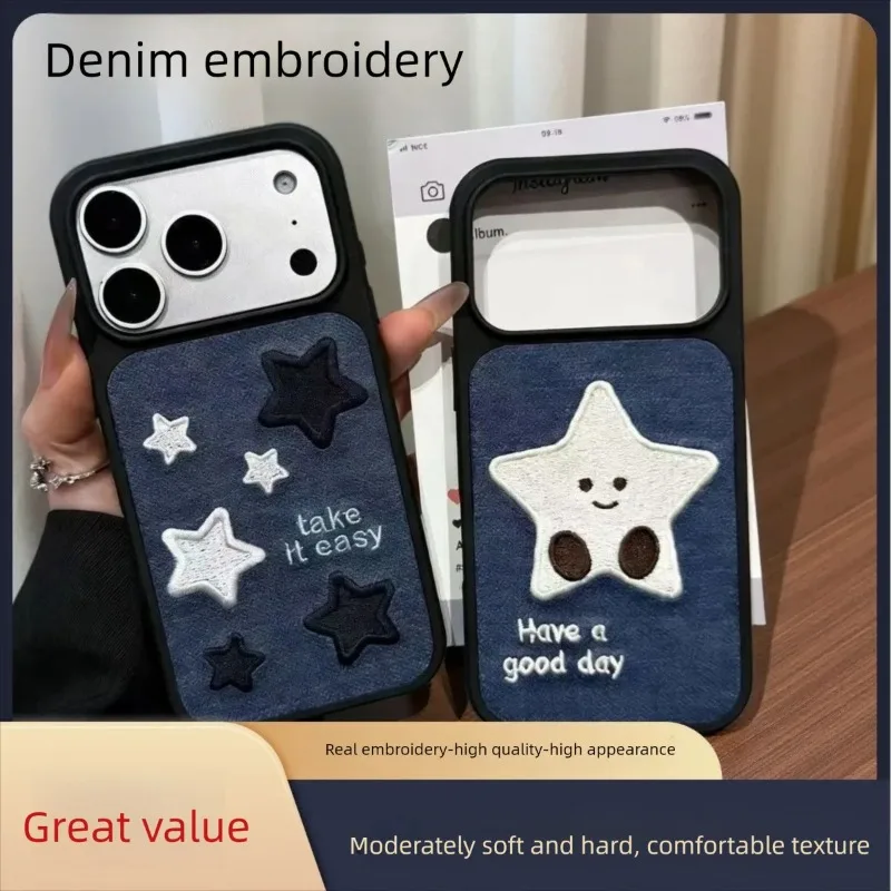 Denim Star Embroidered Phone Case, Soft TPU Shockproof Cute Protective Cover Compatible With iPhone Women Daily Couple Use