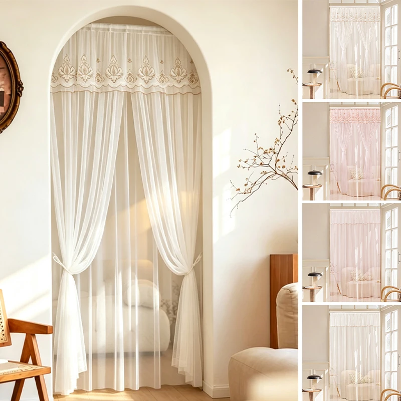 Japanese Floral Embroidered Sheer Door Curtain Transparent Light Filtering Tulle Entryway Divider Screen for Bedroom Entry Decor