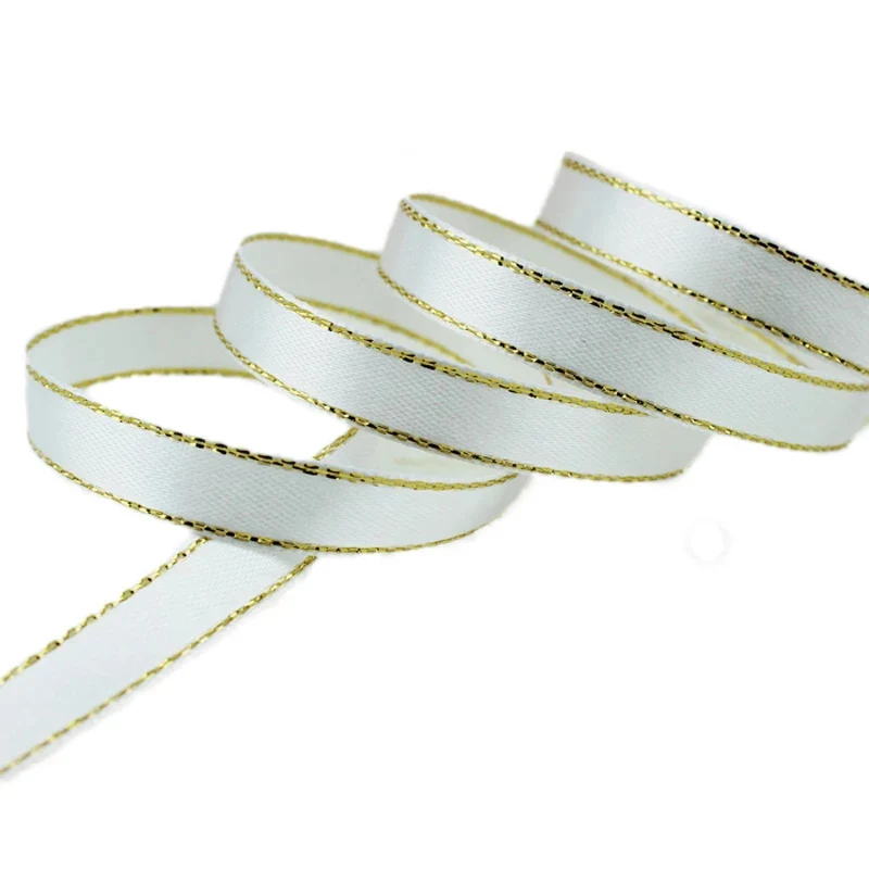 (3pcs) 10mm Satin Ribbon White Gold Edge Wholesale High Quality Gift Packaging Ribbons