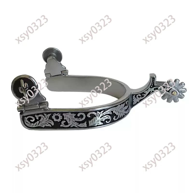 Stainless Steel Knight Spurs with Black Pattern, Western Style Men Horse Riding Spurs SP5130