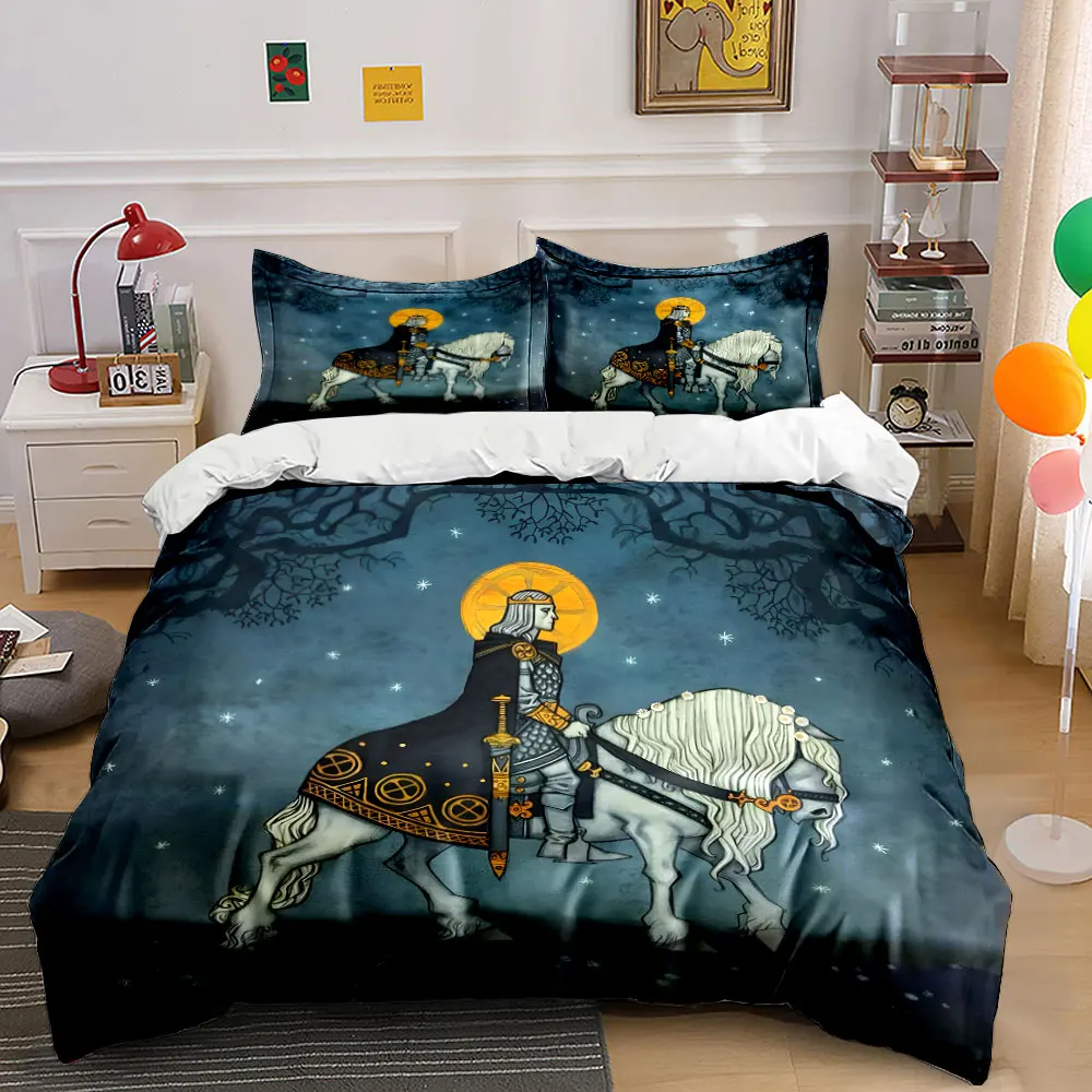 Knight riding white horse at night Pattern Duvet Cover Set Digital Print Colorful Polyester Bedding with Zipper Closur for gift