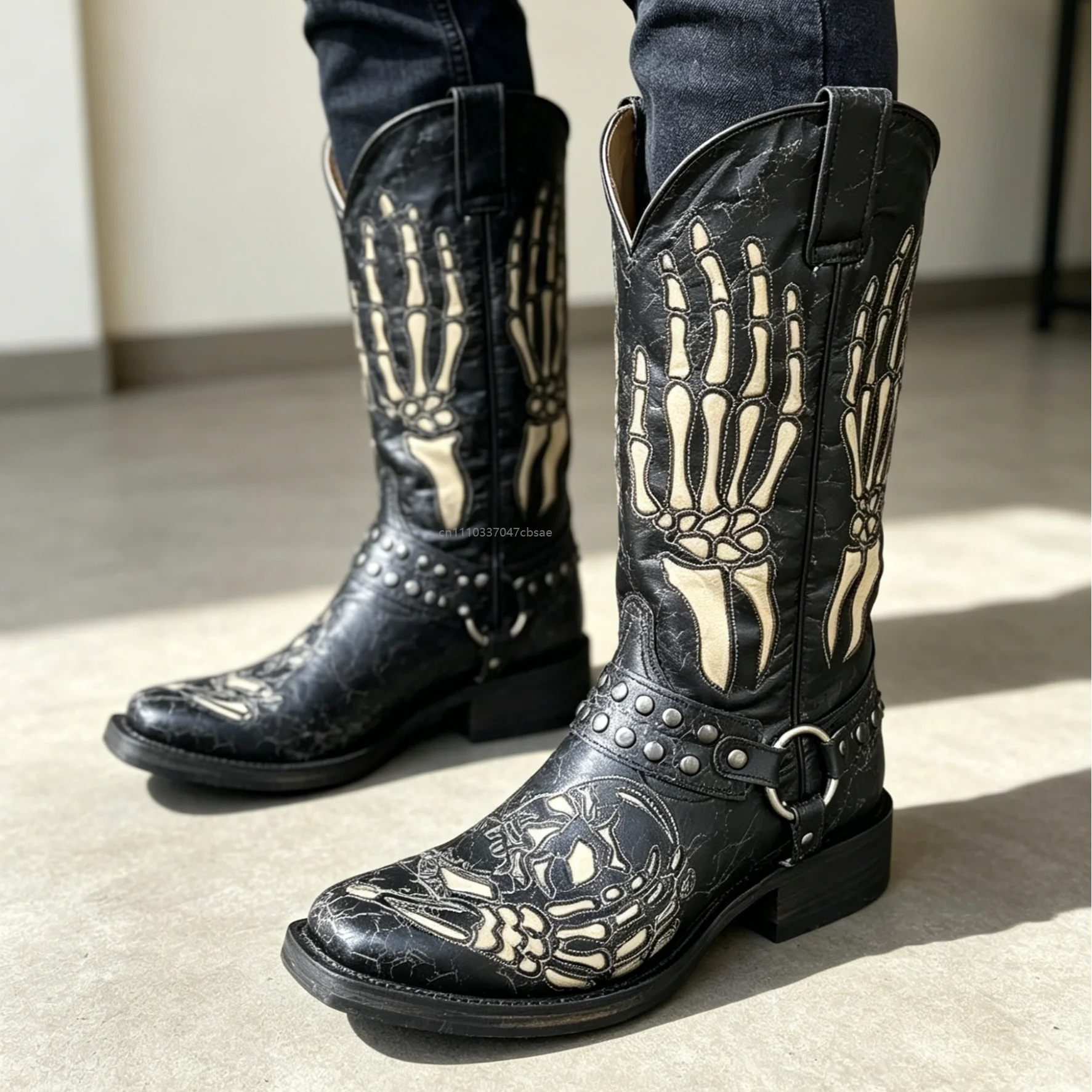 Skull Pattern Metal Buckle Knight Boots Men Gothic Square Toe Belt Buckle Black Mid Calf Boot Fashion Design Thick Heels Shoes