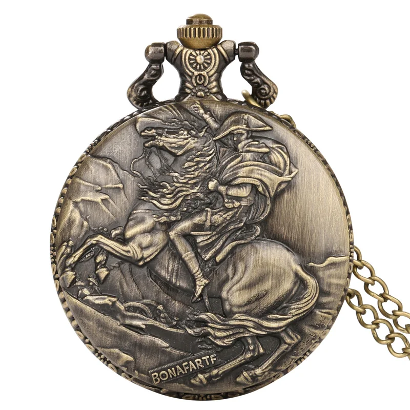 Bronze Carved Knight Horse Pattern Men's Quartz Pocket Watch Necklace Sweater Chain Arabic Number Display Timepiece Retro Clock