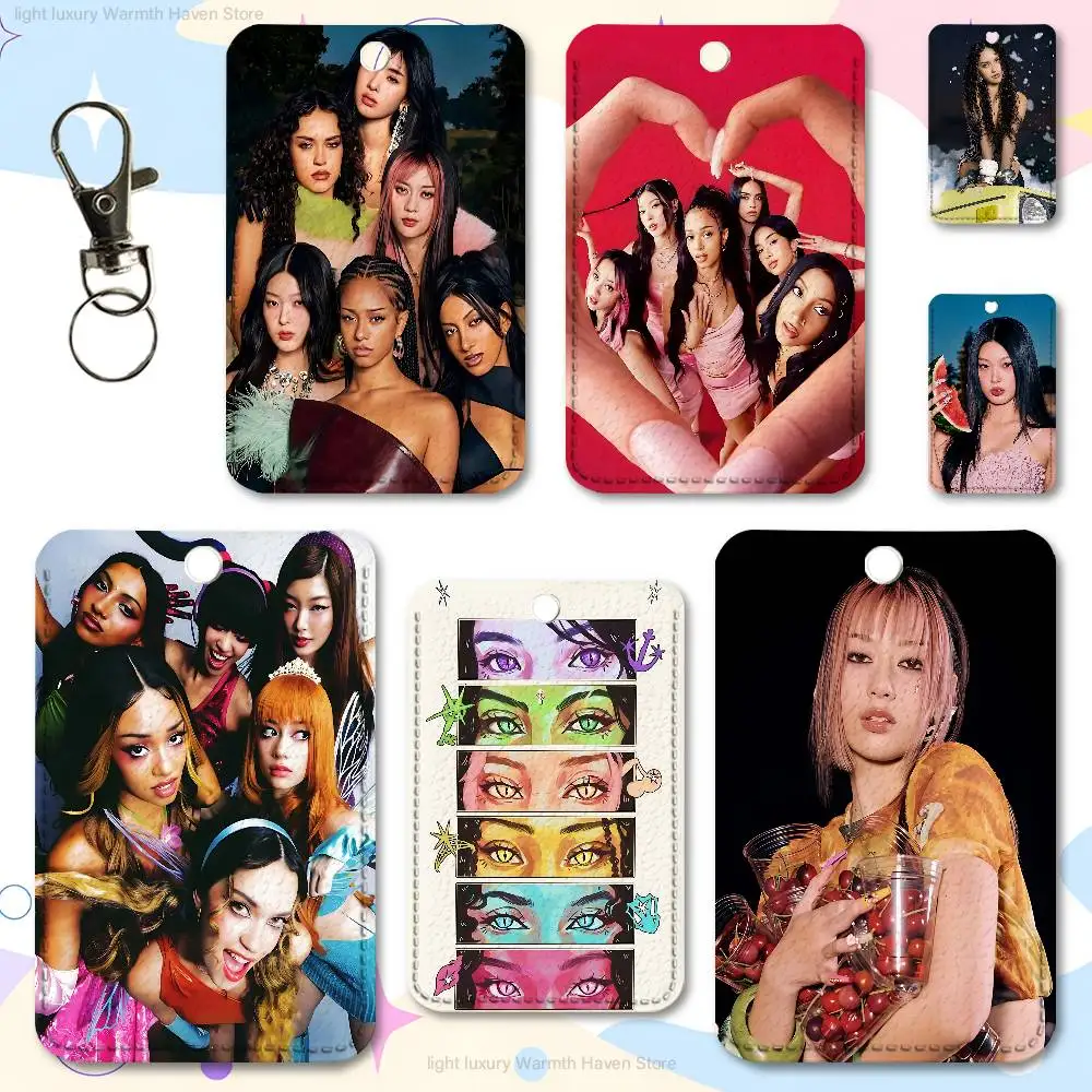 K-KATSEYE Beautiful Chaos Key Tag Ring Leather Card Holder Key Ring Rectangle Access Card Holder