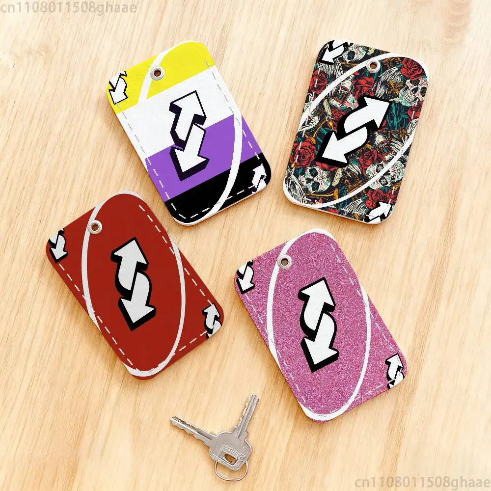 U-UNO Reverse  Rectangle Card Case Keychain Access Card Bag Key Tag Ring Leather Card Holder Key Ring Access