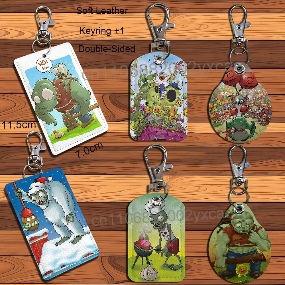 Vegetables and fruits game PVZ Rectangle ID Card Case Keychain Access Card Bag Key Tag Ring Leather Card Holder Key Ring Access