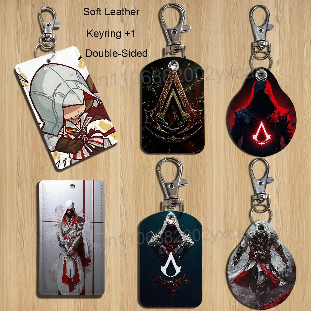 Ezio Auditore AC Assassins Creed Rectangle ID Card Case Keychain Access Card Bag Key Tag Ring Leather Card Holder Key Ring