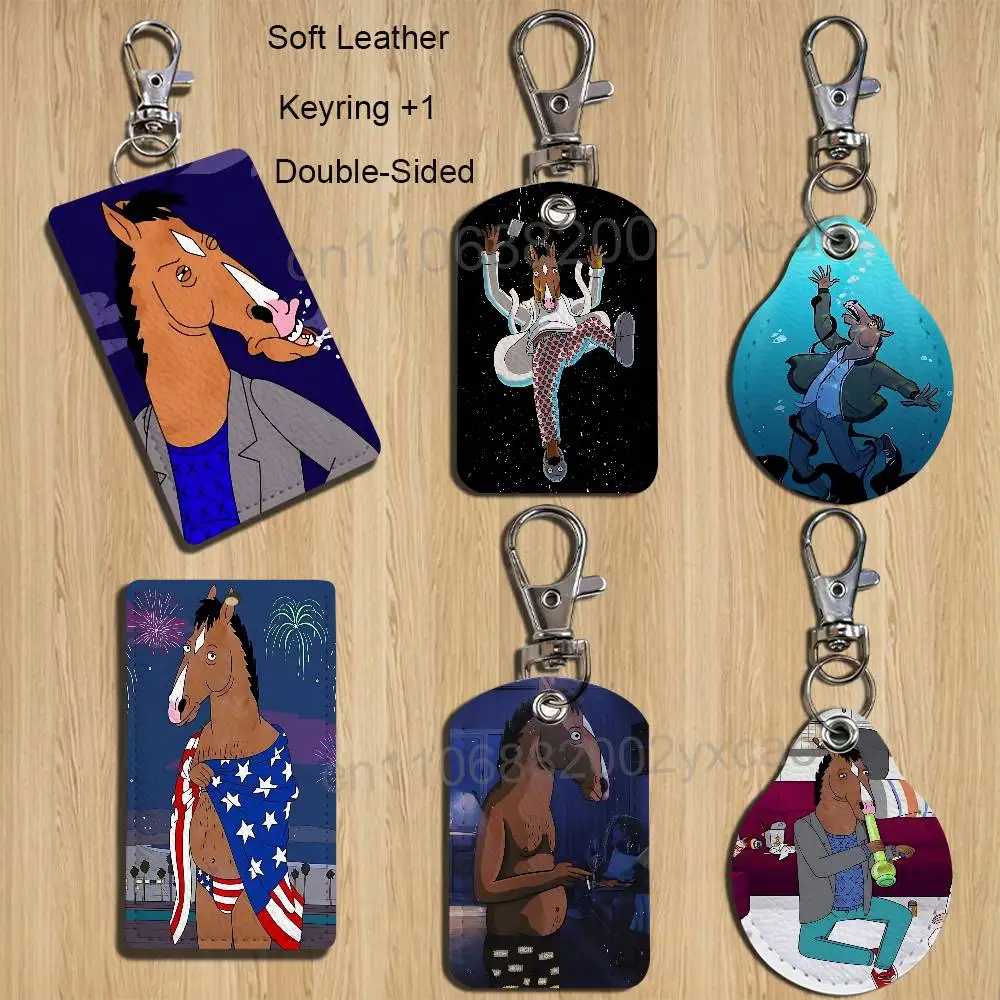 Abstract internet meme BoJack Horseman Rectangle ID Card Keychain Access Card Bag Key Tag Ring Leather Card Holder Key Ring