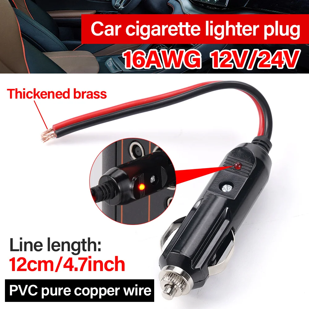 12V 24V Car Universal Cigarette Lighter Plug 20A Socket Plug Connector 16AWG PVC Coarse Copper Wire High Power With LED Light
