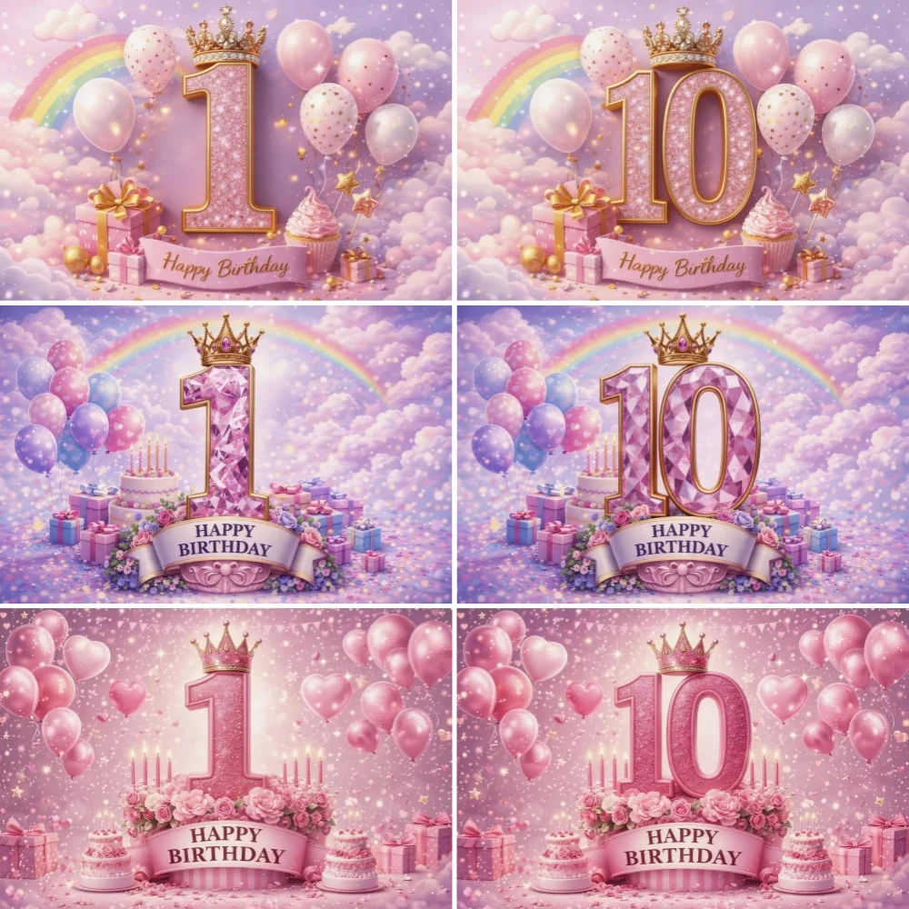 Pink Purple Number Backdrop Princess Rainbow Balloon Birthday Party Decoration Background Girls Photography Photo Booth Banner