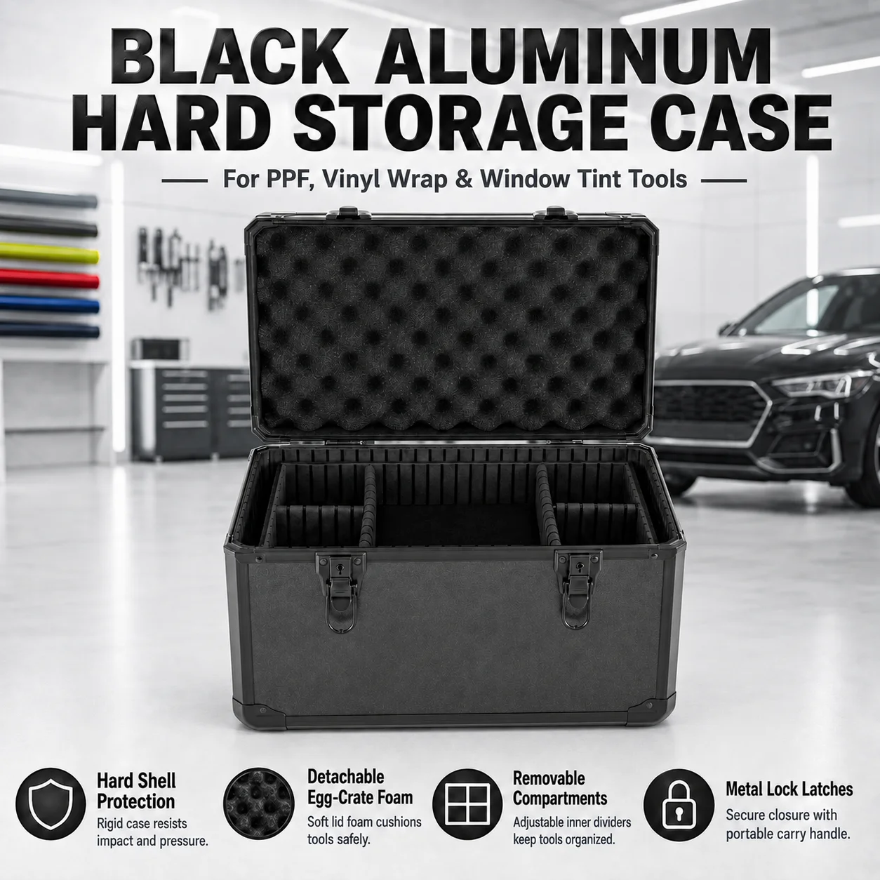 Black Aluminum Hard Tool Storage Case for Vinyl Wrap Window Tint, Shockproof Portable Car Wrap Tool Organizer Carry Case