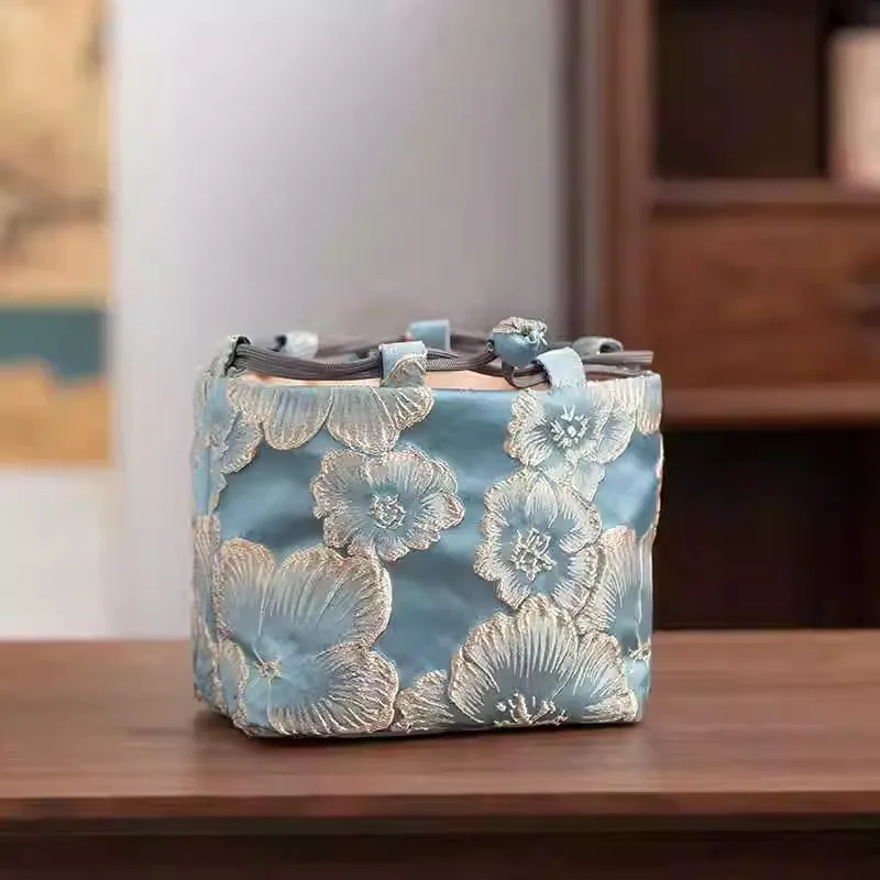 Vintage Chinese Yun Brocade Tea Set Storage Bag -Thickened Shockproof Pouch for 1 Teapot & 1 Cup, Portable Travel Carrying Case