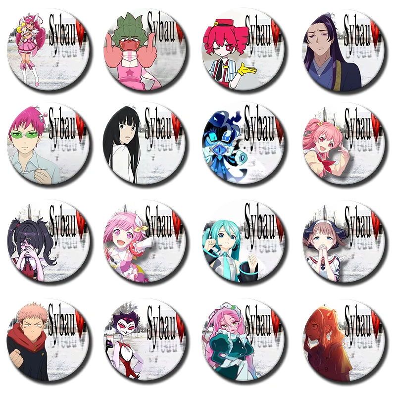 58mm Funny Sybau Meme Badges Custom Cartoon Character Lapel Pins Handmade Round Brooches for Bag Jewelry Accessories Xmas Gift