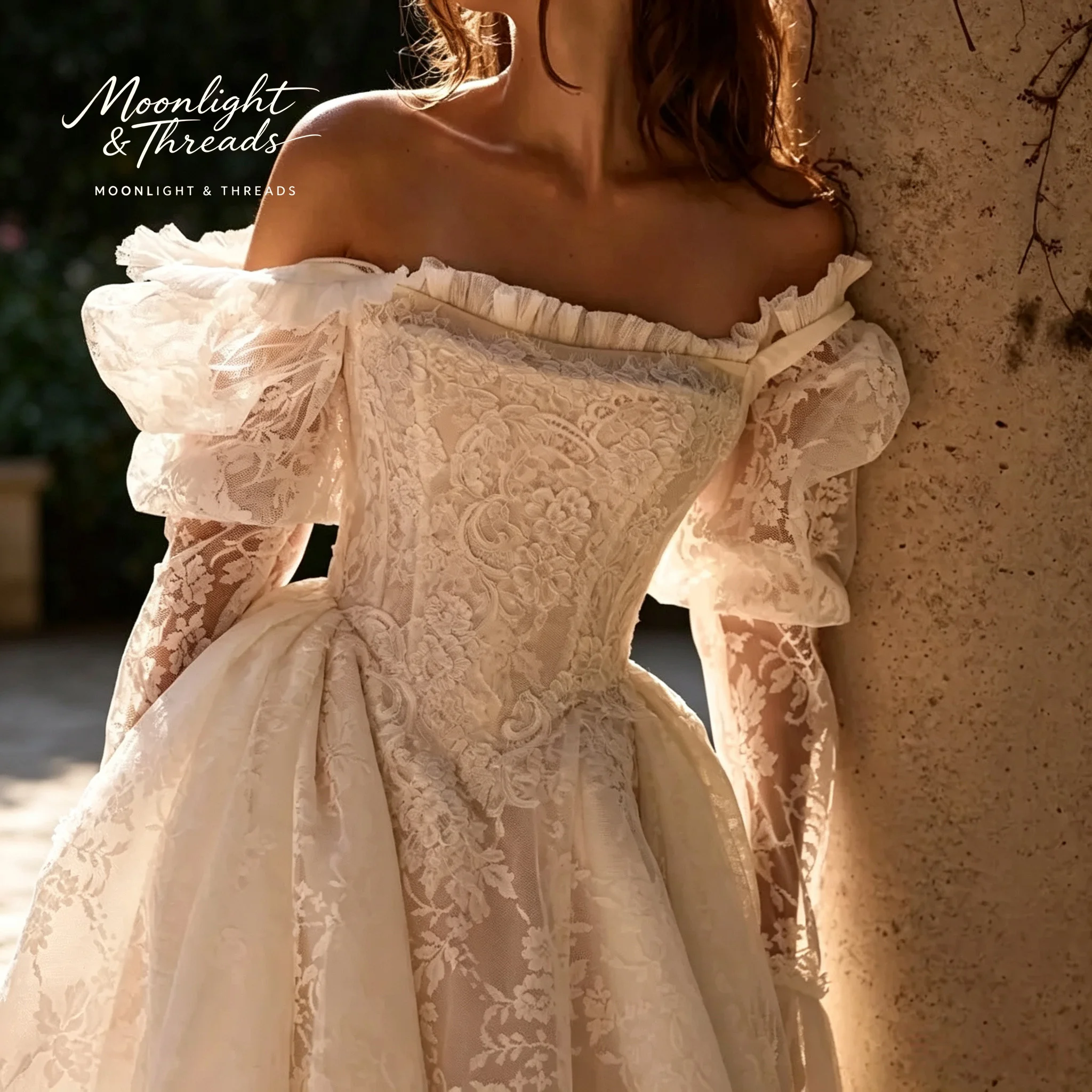 Ivory White Off-The-Shoulder Long-Sleeved Tulle Skirt Floor-Length Formal Occasion Wedding Dress with Boning and Lace Embroidery