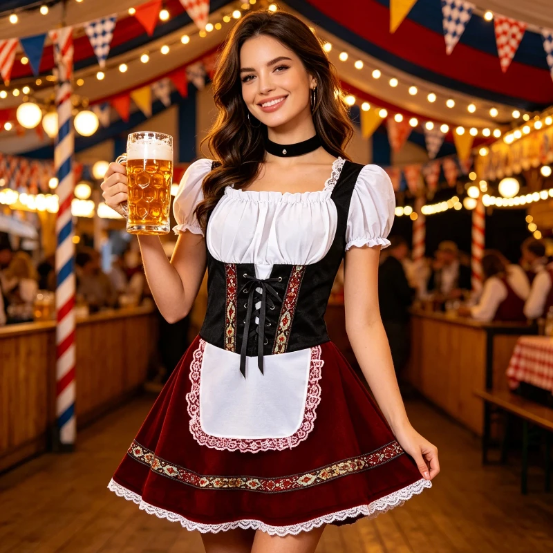 AP Folk Traditional Oktoberfest Hoilday Dress German Beer Festival Costume Women's Off Shoulder Mini Outfit Party Cosplay Dress