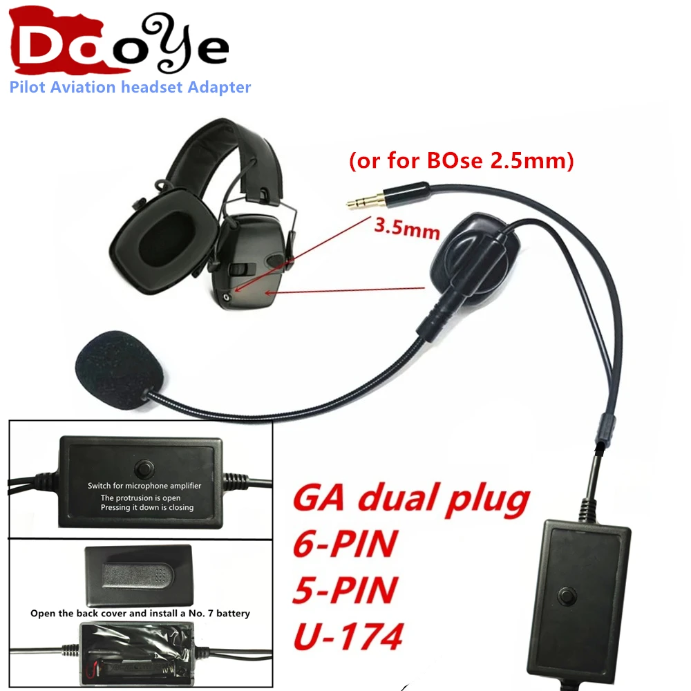 Pilot Aviation headset Adapter, adjustable microphone stick and 3.5mm Connector to Various aircraft david clark headset
