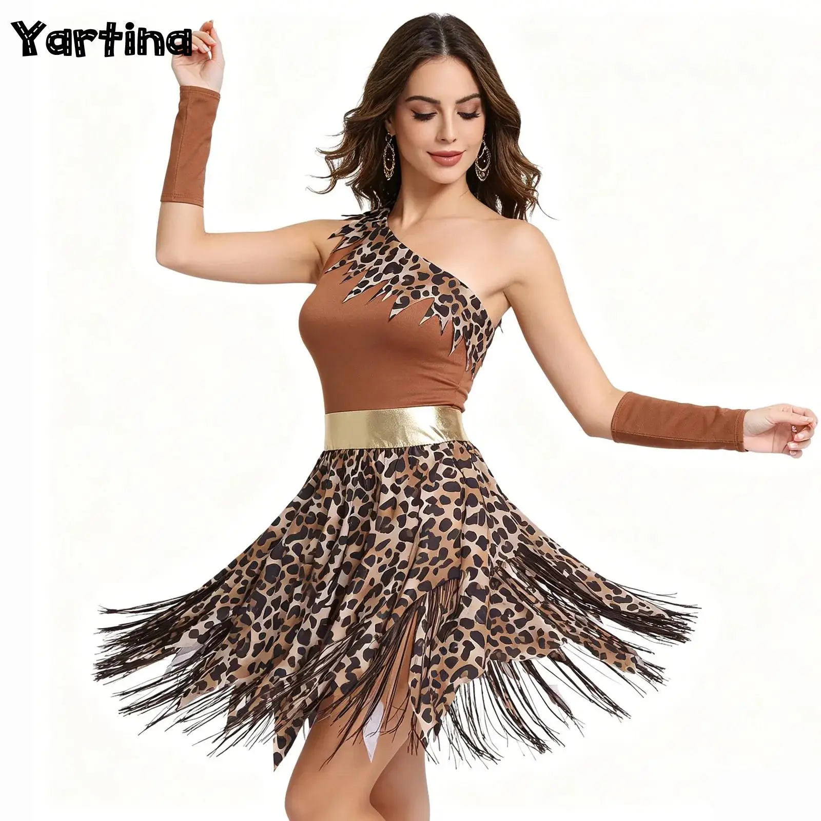 Womens Prehistoric Cave Girl Halloween Cosplay Costumes Print One Shoulder Jagged Hem Leotards Dress And One Pair Over Sleeve