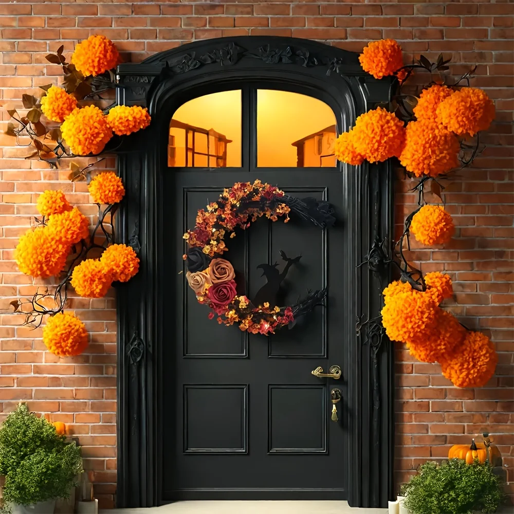 D2 Halloween Witch Cat Rose Wreath Hanging Gothic Crescent Moon Christmas Wreath For Home Party Wall Window Decor Indoor Outdoor