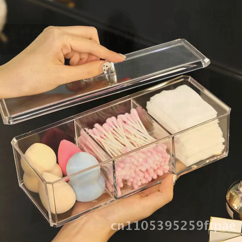Acrylic Nail Cotton Storage Box with Lid Transparent Three-Compartment Design for Swabs Powder Puffs Dustproof Organizer Egg