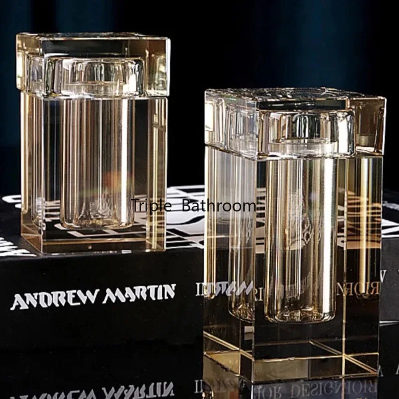 Creative Amber Crystal Glass Toothpick Box High-end Household Cotton Swab Floss Barrel Exquisite Square Transparent Storage Jar