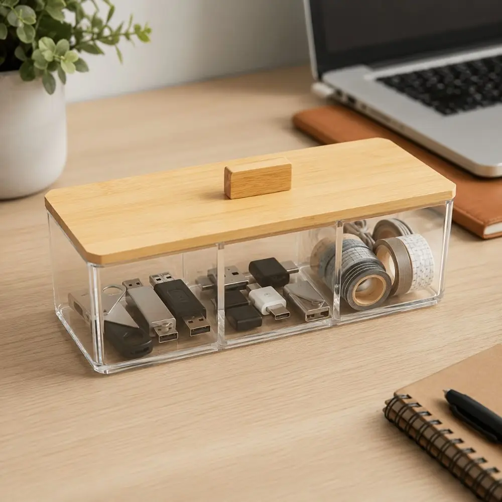 Plastic 3 Grids Storage Box Rectangular Transparent Cotton Swab Holder Bamboo Cover Large Capacity Laundry Pod Storage Box