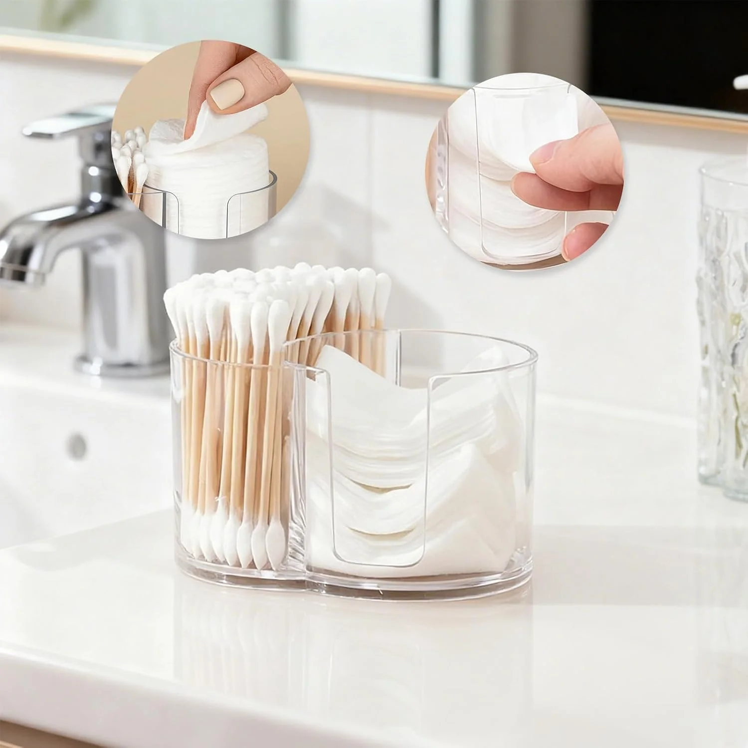 Holder with Dual Compartments - Clear Cotton Swab and Cotton Balls Organizer - Transparent Bathroom Storage Container for Makeup