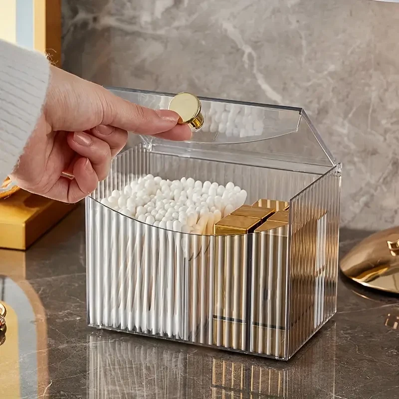 Dust-Proof Transparent Makeup Storage Box with Flip Lid 2 Divided Compartments Cotton Swab Holder Cosmetics Lipstick Container