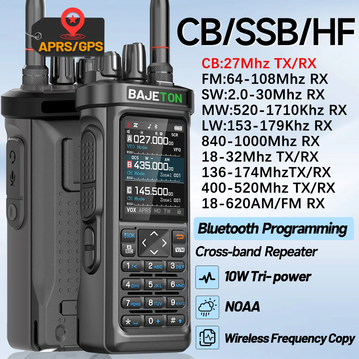 BAJETON BJ-9000 APRS GPS Walkie Talkies Bluetooth Programming 10W CB 27Mhz Transceiver Receive ShortWave For RT-950 Ham Radio