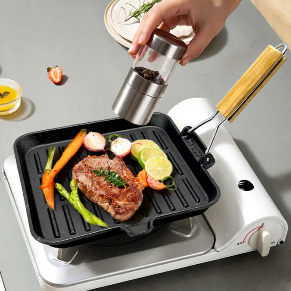 Pre Seasoned Nonstick Cast Iron Grill Pan with Foldable Wooden Handle BBQ Frying Pan Skillet Gas Cooker Outdoor Camping Cookware