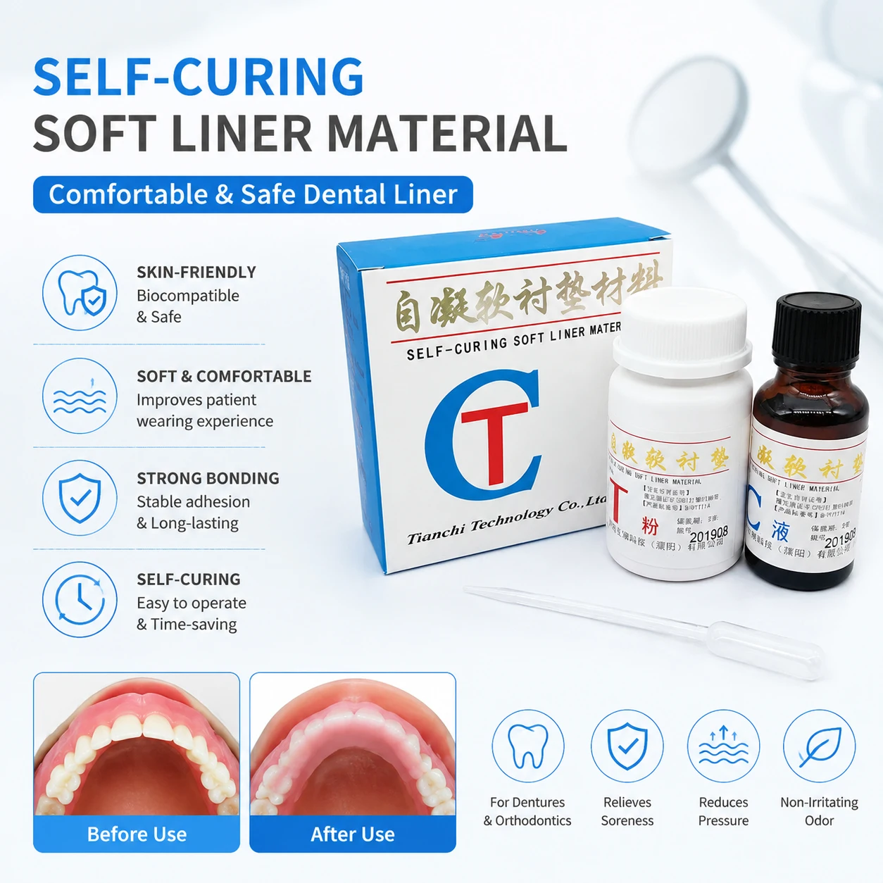 Dental Self-Curing Soft Denture Reline Liner Kit Strong Soreness Pain Relief Comfort Fit Oral Care Buffer Material
