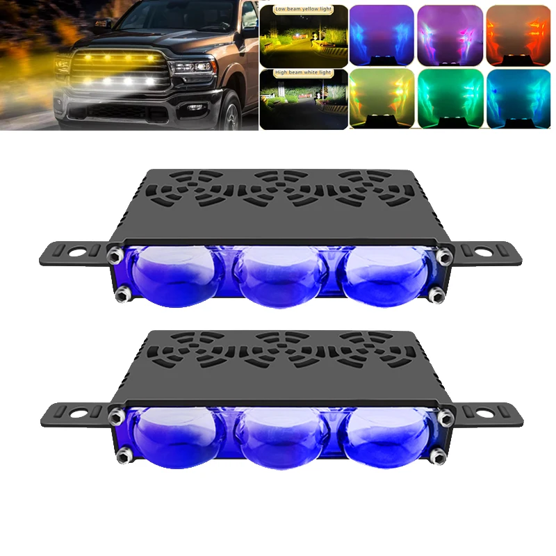 3-Lens LED Car Grille Driving Lights White/Yellow+RGB DRL, Blue Lens Spotlight Offroad Grill Fog Lamps for Truck SUV ATV 12V/24V