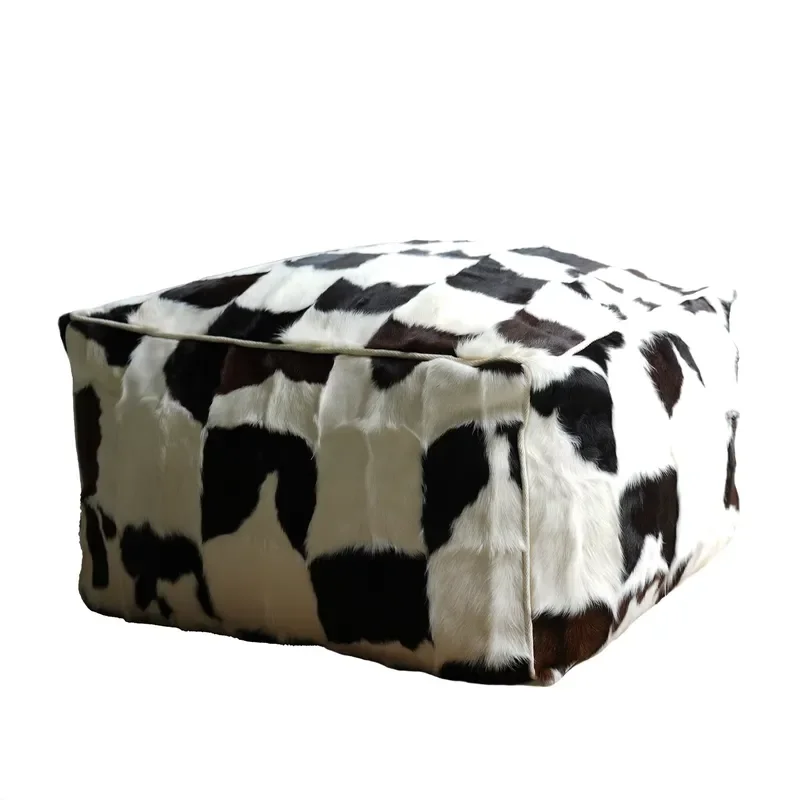 【CHIMU HOME】 High-End Designer Cowhide Wool Pouf Ottoman for Living Room Villa Sample Room Modern Style Genuine Leather Soft