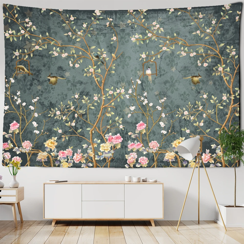 Flower Bird Oil Painting Tapestry Wall Hanging Bohemian Hippie Witchcraft Art Psychedelic Table Mat Home Decor