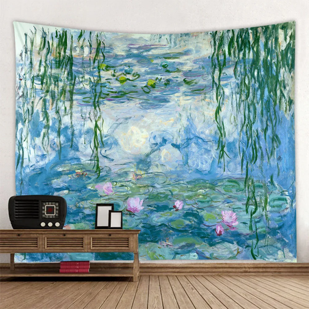 Vintage Lotus Wall Hanging Tapestry Art Poster Van Gogh Oil Painting Aesthetic Decor for Living Room And Bedroom
