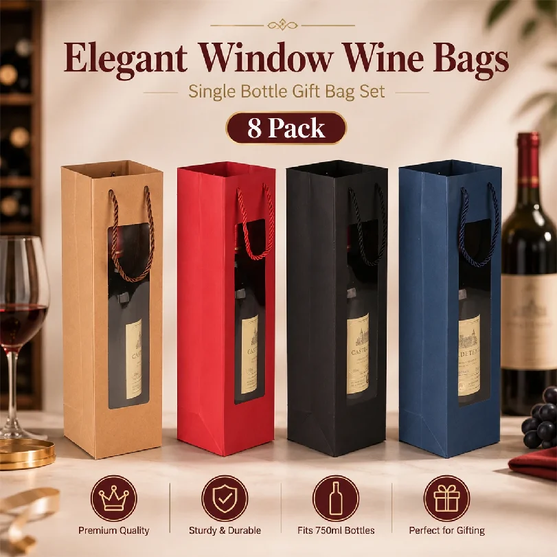 8pcs Wine Gift Bags Drawstring Bag Packs With Handles,Leak-Proof,Kraft Paper,Reusable,Travel-Friendly for Christmas