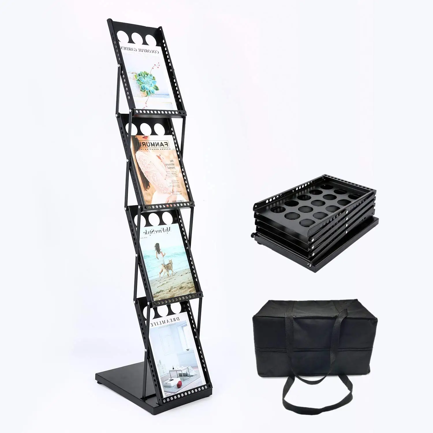 4-Tier Brochure Literature Display Floor-Stand Rack,Portable Collapsible Design with Carry Bag,Offices,Retail Stores