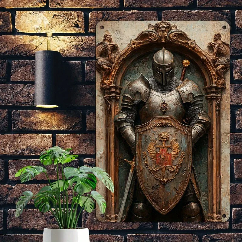 1pc Aluminum Knight Tin Sign Set, Vintage Metal Wall Decor Plaque, Retro Style Home & Garden Decorations, Easy Hanging