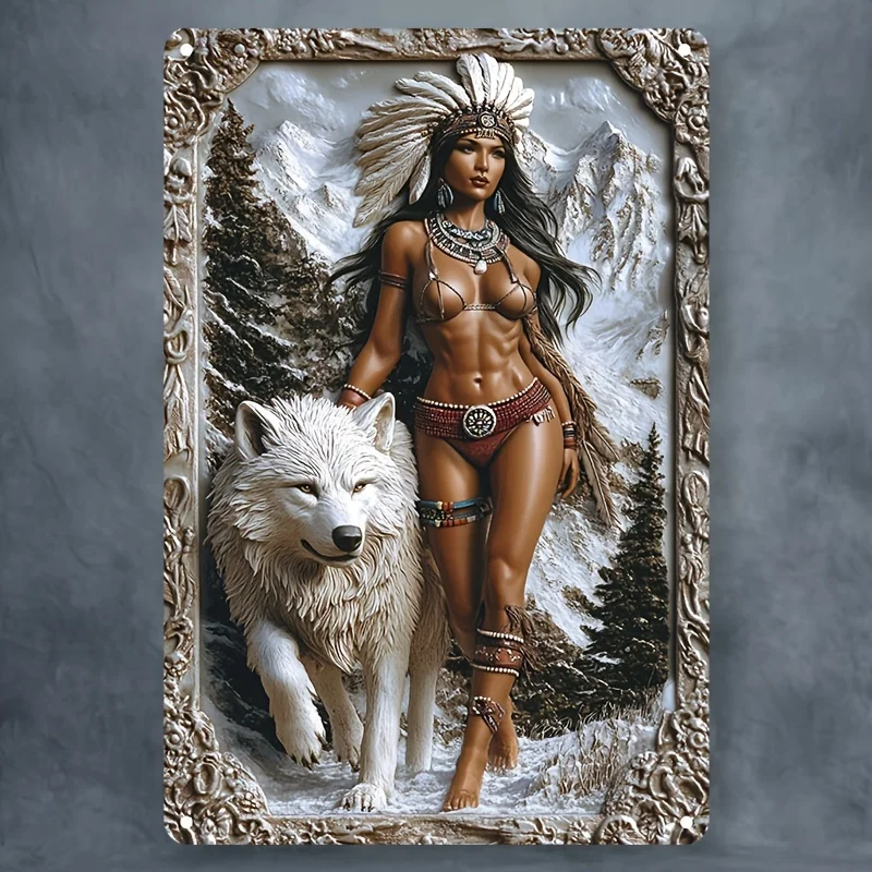 Contemporary Aluminum Wall Hanging Decor Sign, 2D Female Warrior with Wolf Theme, Religious Inspired Multipurpose Home
